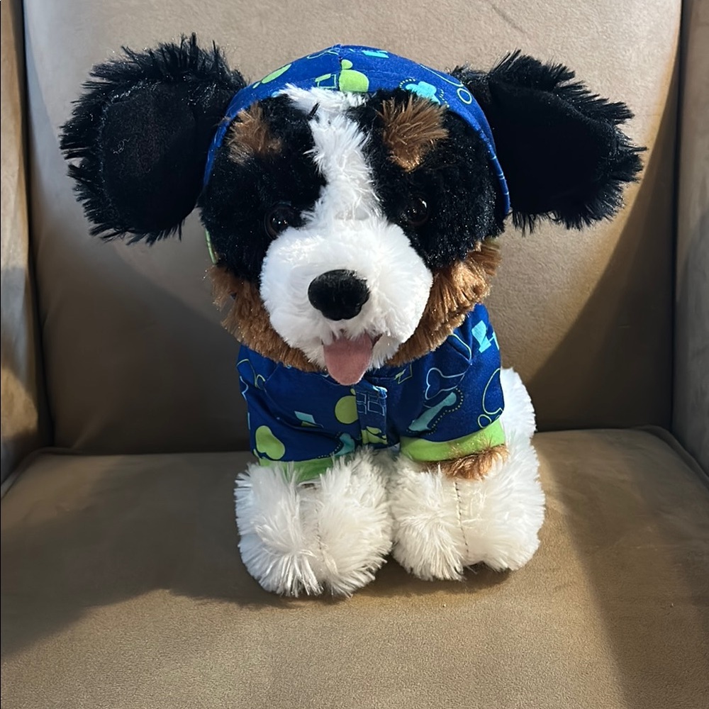 Build-A-Bear Bernese Plush Dog Toy with Blue Pajama Outfit